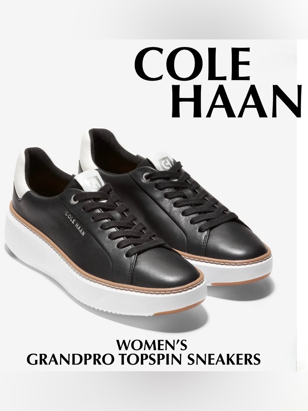 NIB Cole Haan Black Leather GrandPro Topspin Court Sneakers BLK-OPTIC WHT Size 7